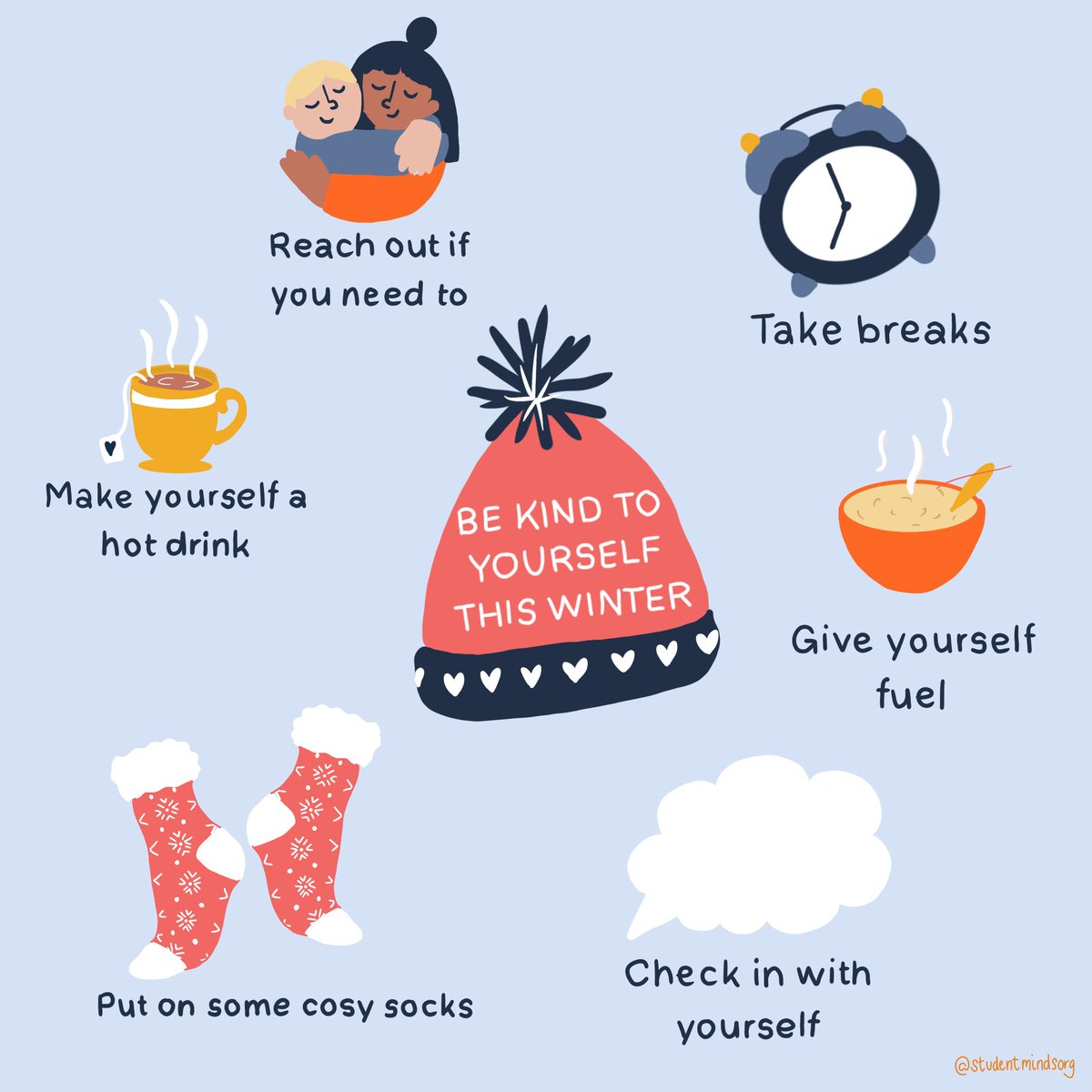 StudentMindsOrg's tweet photo. While December can be exciting, we also know it can also be a tough time. So be kind to yourself this winter, you deserve it ❄️🧡

If you need any support during winter, Student Space is here for you: https://t.co/lHtkJ1xi1t https://t.co/m7YkCPxVM9