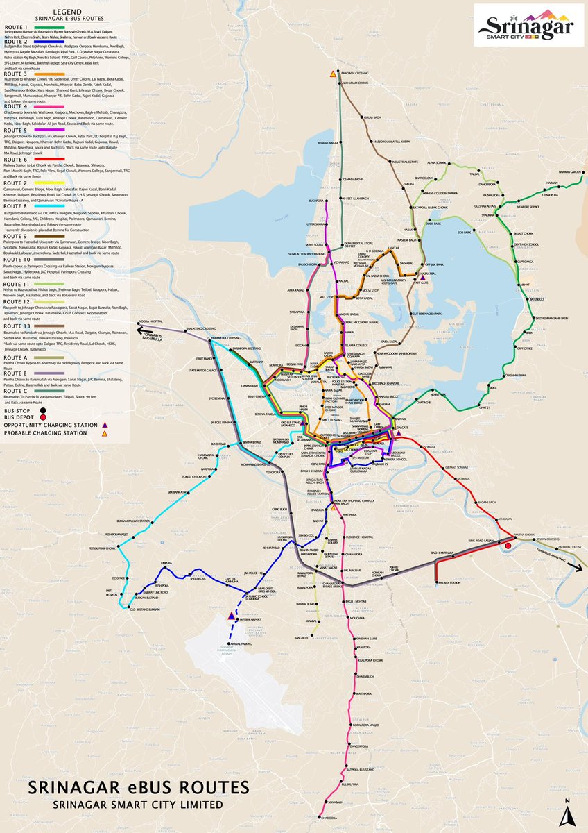 The Srinagar Smart City Electric Bus (@SrinagarBus) Route Network! You can use this map to identify the routes and buses! The live tracking and bus schedule is available also on CHALO App. We have tried to cover all the major routes in the city and have tried to make interchange…