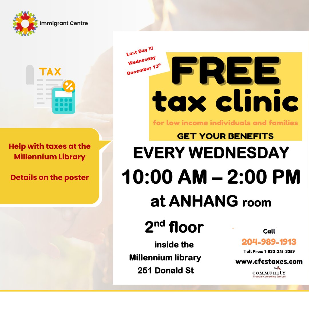 icmanitoba1's tweet photo. Attention community! 
Free tax assistance is offered at the Millennium Library.
See details on the poster.
 #FreeTaxClinic #CommunityEvent #TaxHelp #MilleniumLibrary https://t.co/5F0ho0fqKO