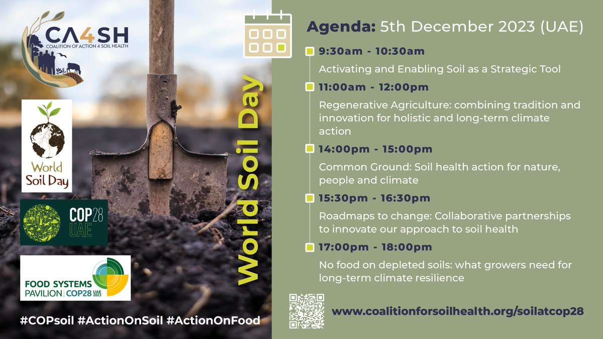 🔥Gearing up for #WorldSoilDay at #COP28UAE

Together with our partners we have a series of sessions towards scaling #SoilHealth globally!

Join us at #FoodSystems Pavilion and online!
📺tinyurl.com/2t9u3vt2

@COP28_UAE @ActionOnFood @UNFCCC 

#COPsoil #COP28soil #ActionOnSoil