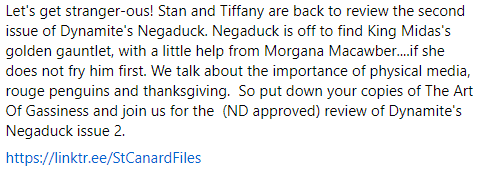 stcanardfiles's tweet photo. Let's get stranger-ous! Stan and Tiffany are back to review the second issue of Dynamite's Negaduck. Negaduck is off to find King Midas's golden gauntlet
#darkwingduck #negaduck #morganamacawber #taurusbulba #kingmidas #megavolt #liquidator #quackerjack
https://t.co/b983cMWAcI https://t.co/T3nJx3c6Tb