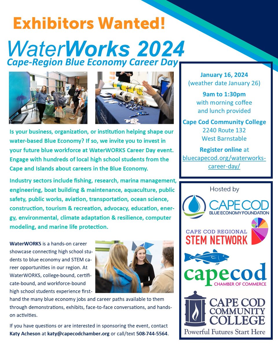 Join us at WaterWORKS on Jan 16th as an exhibitor. Connect with and inspire local high school students! Read more: capecodstemnetwork.org/community/wate… Register: bluecapecod.org/waterworks-car…