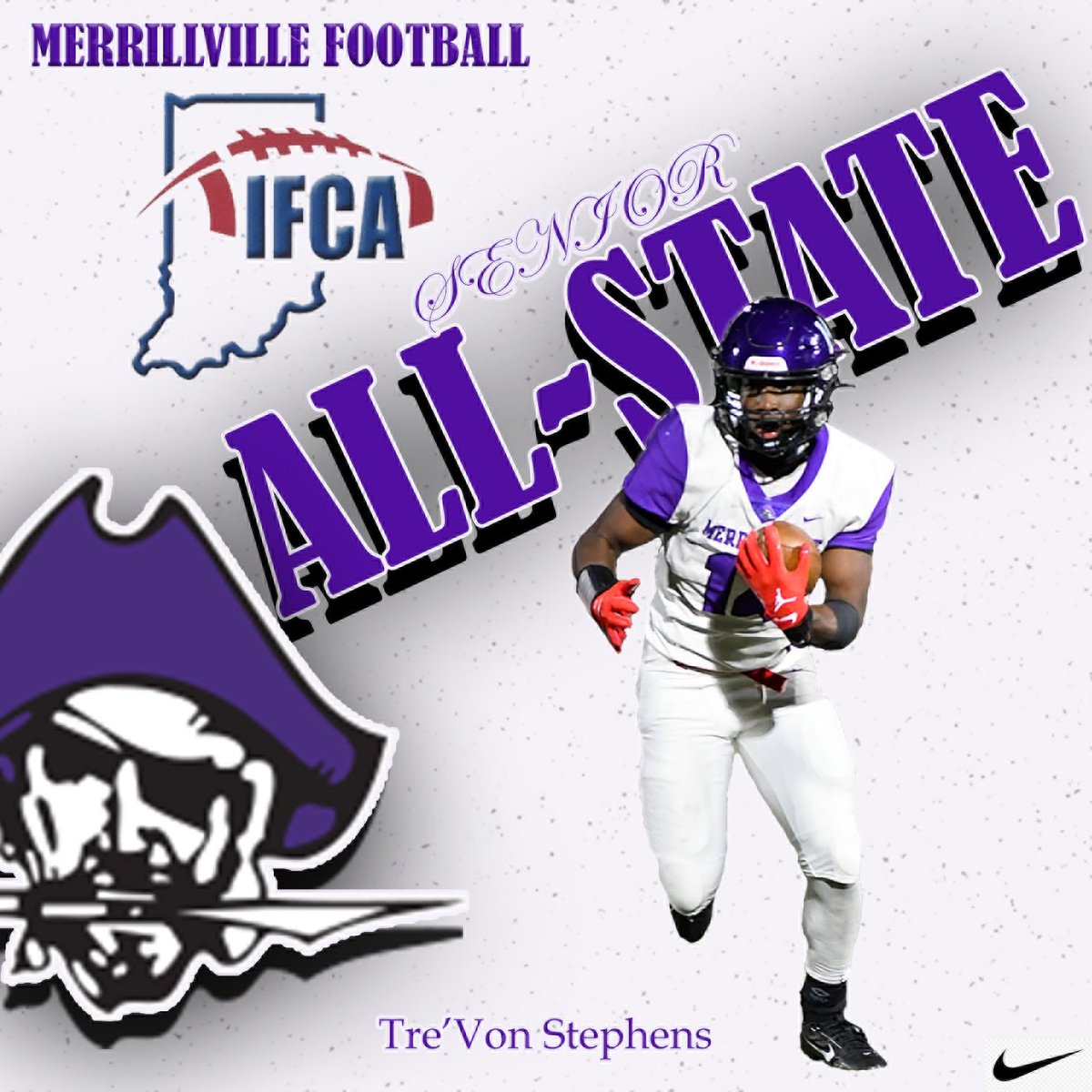 Congrats to Senior <a href="/mhspiratefball/">MerrillvilleFootball</a> DB/LB/RB <a href="/Trey_Stephens2/">Trey Stephens</a> on being named to the IFCA 5A Senior All-State Team!  Great Versatility/Toughness/Leadership!