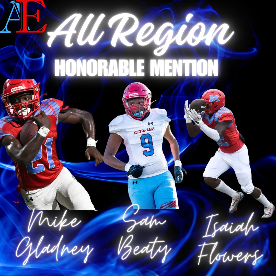 3 of 6 All Region Honorable Mentions. <a href="/SamBeaty1/">Sam Beaty</a> (Sr ) <a href="/isaiahflow20/">Isaiah22</a> (Sr) and Mike Gladney (Jr) combine for 10 years of starting experience and a non-quantitative impact on our team. Leaders on and off the field. Congrats guys! The future is bright! <a href="/AE_Athletics/">Austin-East High School Athletic Dept.</a>