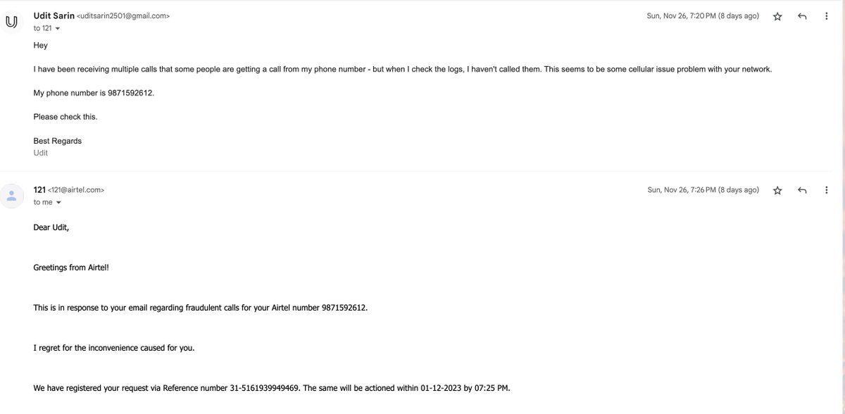 udit_sarin's tweet photo. @Airtel_Presence As you can see in the image below - I had mailed about the problem last Sunday and I was supposed to get a resolution on Friday, 1st Dec. Even though it's shitloads of time for an irritating problem, Airtel hasn't suitably replied back to me since. You can check the complaint id. https://t.co/XqFiqbnYDF