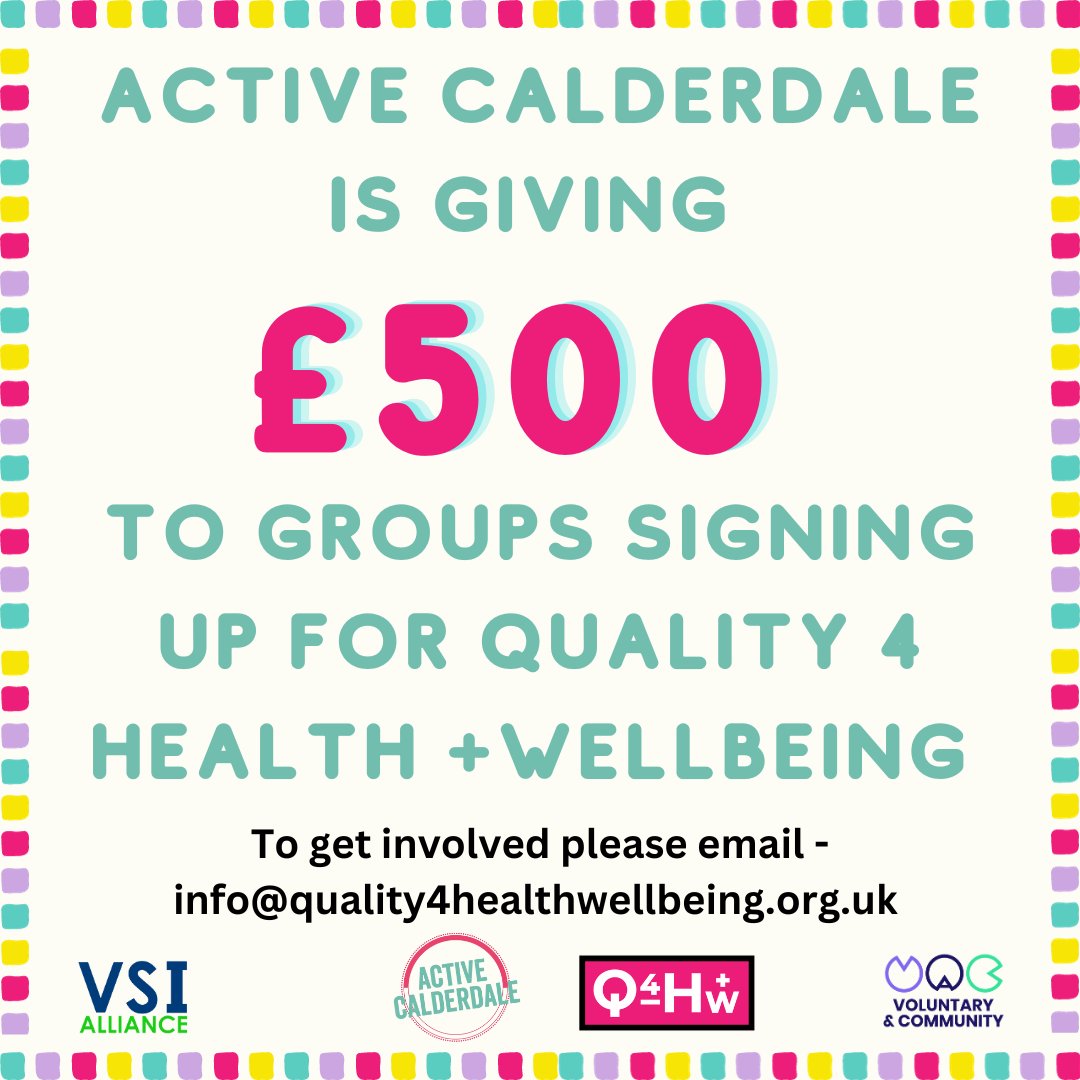 Voluntary Sector Infrastructure Alliance 🧡 (@vsialliance) on Twitter photo Limited availability to benefit from the Active Calderdale £500 incentive!
As part of the #Q4HW accreditation <a href="/ActiveCdale/">Active Calderdale</a> are giving £500 to help Calderdale groups embed physical activity & to promote health & wellbeing.
Interested? Please email 👇 Limited availability to benefit from the Active Calderdale £500 incentive!
As part of the #Q4HW accreditation <a href="/ActiveCdale/">Active Calderdale</a> are giving £500 to help Calderdale groups embed physical activity & to promote health & wellbeing.
Interested? Please email 👇