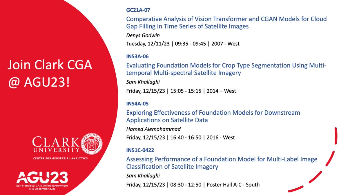 Our team will be at #AGU23 Meeting in San Francisco next week!
If you are interested to talk about #AI in #GeospatialAnalytics and #FoundationModels reach out to meet with them.