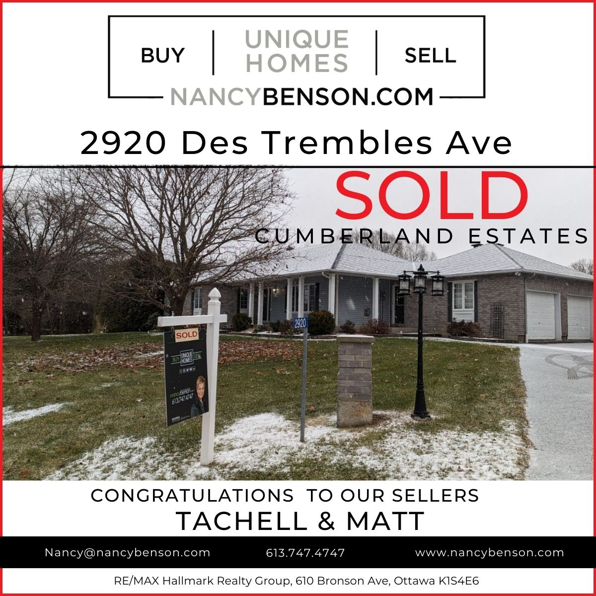 CONGRATULATIONS TO OUR SELLERS, 
TACHELLE & MATT!  
JUST SOLD IN CUMBERLAND ESTATES!
Buying or selling?
📞613-747-4747
🌎 nancybenson.com
 #ottawarealestate #nancybenson #winterhomesalesottawa #ottawarealestateteam #cumberlandestates #myOttawa #homebuyers #movingtoottawa