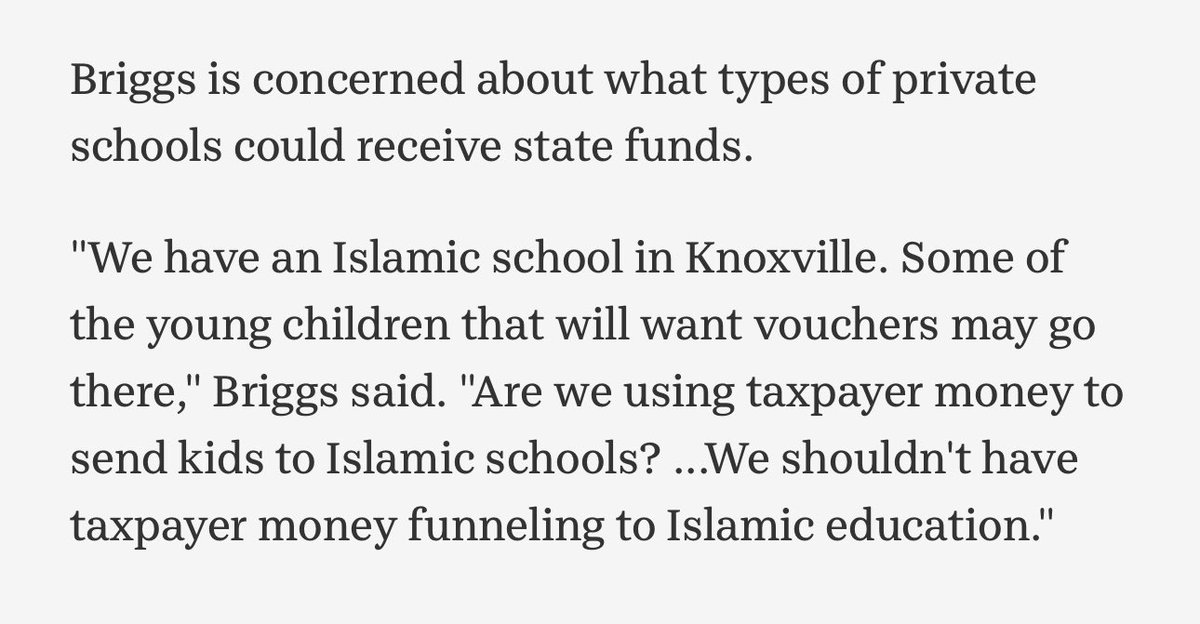 Do Tennessee lawmakers not know that taxpayer-funded school vouchers are already going to Islamic schools TODAY? 
If you are going to fund religious schools, you CANNOT limit it to Christian schools!
