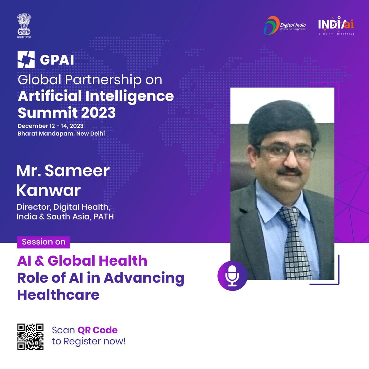 📣 Attend the #GPAISummit2023 to hear Mr. Sameer Kanwar share his insights on integrated digital health systems for health system strengthening in the session, AI &amp; Global Health - Role of AI in Advancing Healthcare. 

Register now at gpaidelhi2023.in 

#GPAI2023