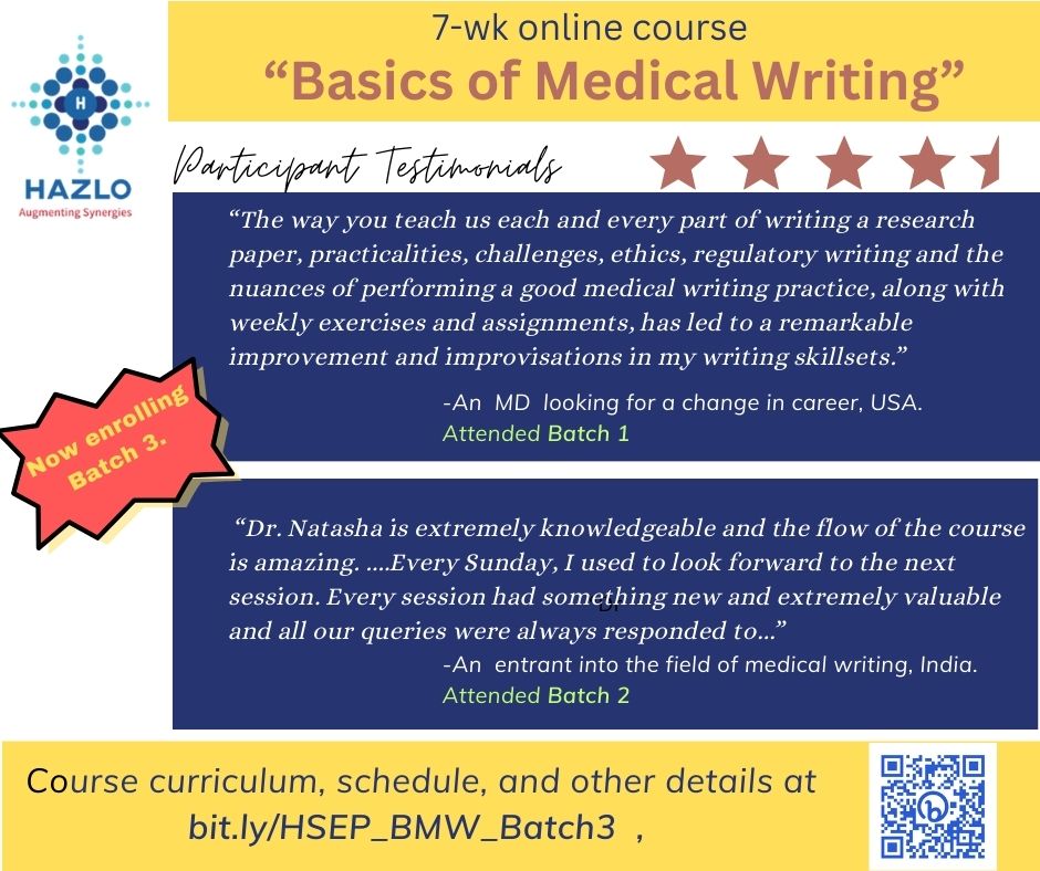 Batch 3 starting on 7th Jan24. #Onlinecourse on "Basics of #medicalwriting ".  Details: bit.ly/HSEP_BMW_Batch3 

#Hazloconsultancy #HazloSEP #SkillEnhancement