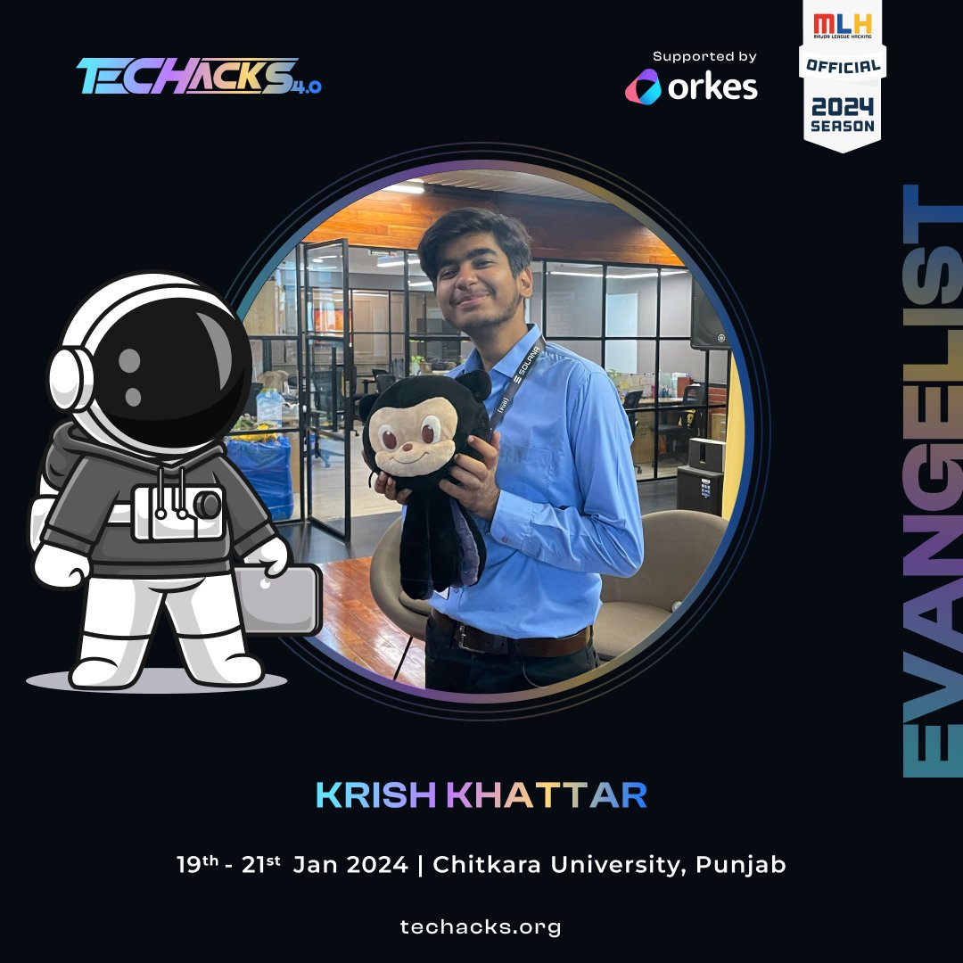 kk_komder's tweet image. Thrilled to share that I&apos;m now a Hackathon Evangelist for Techacks 4.0! 🚀 
Ready to bring positive vibes and make a BIG impact in the hacker community.
 Register now at: techacks.org 

#techacks4.0 #mlh #hackathon @techackscu #community @orkesio #GitHub