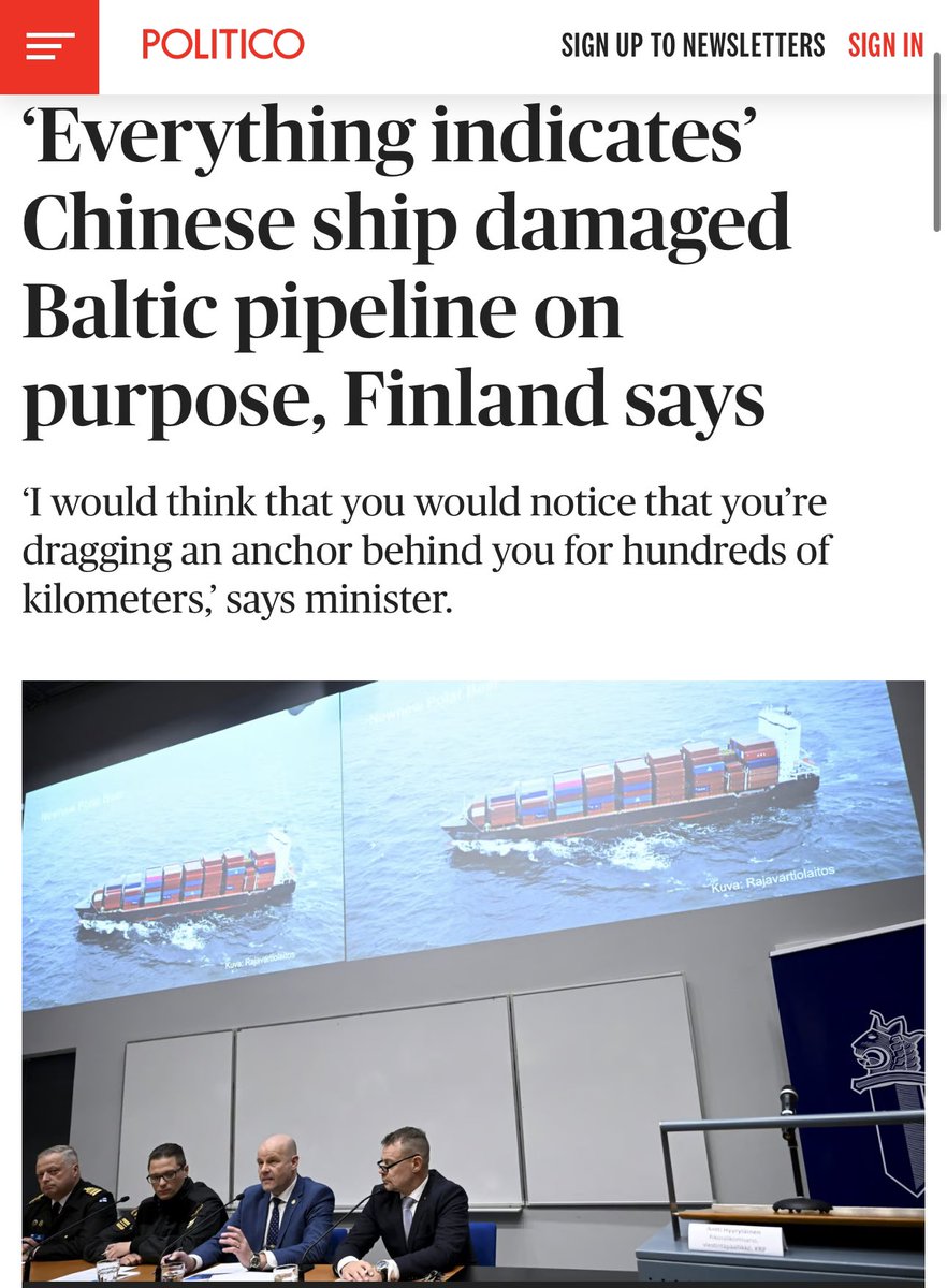 A Chinese ship “accidentally” dragged a ship anchor for hundreds of miles, rupturing the Balticconnector pipeline. Oops!