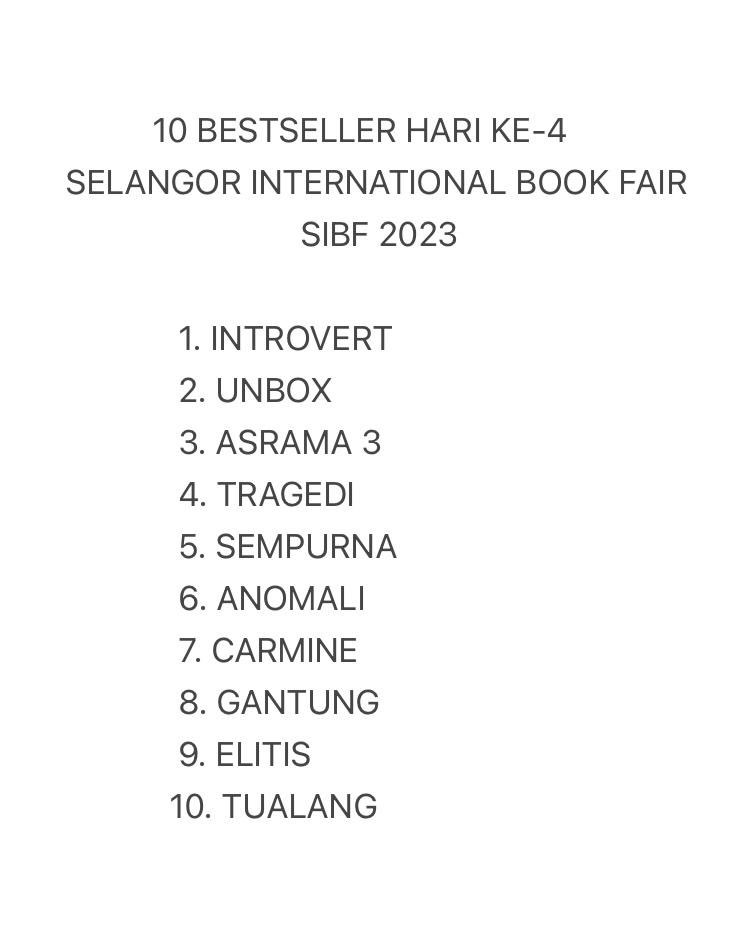 BukuFixi's tweet photo. Bestsellers hari ke-4 #KembaraFixiSIBF2023
Tahniah @abstrakim @AriffAdlyyy @MuhammadFatrim @IsmiFaIsmail @aimanpg_ @yo_sapit @RuwiMeita25 @neddokhan @malayrhapsody
Jumpa besok! https://t.co/ULWEd3gfTJ