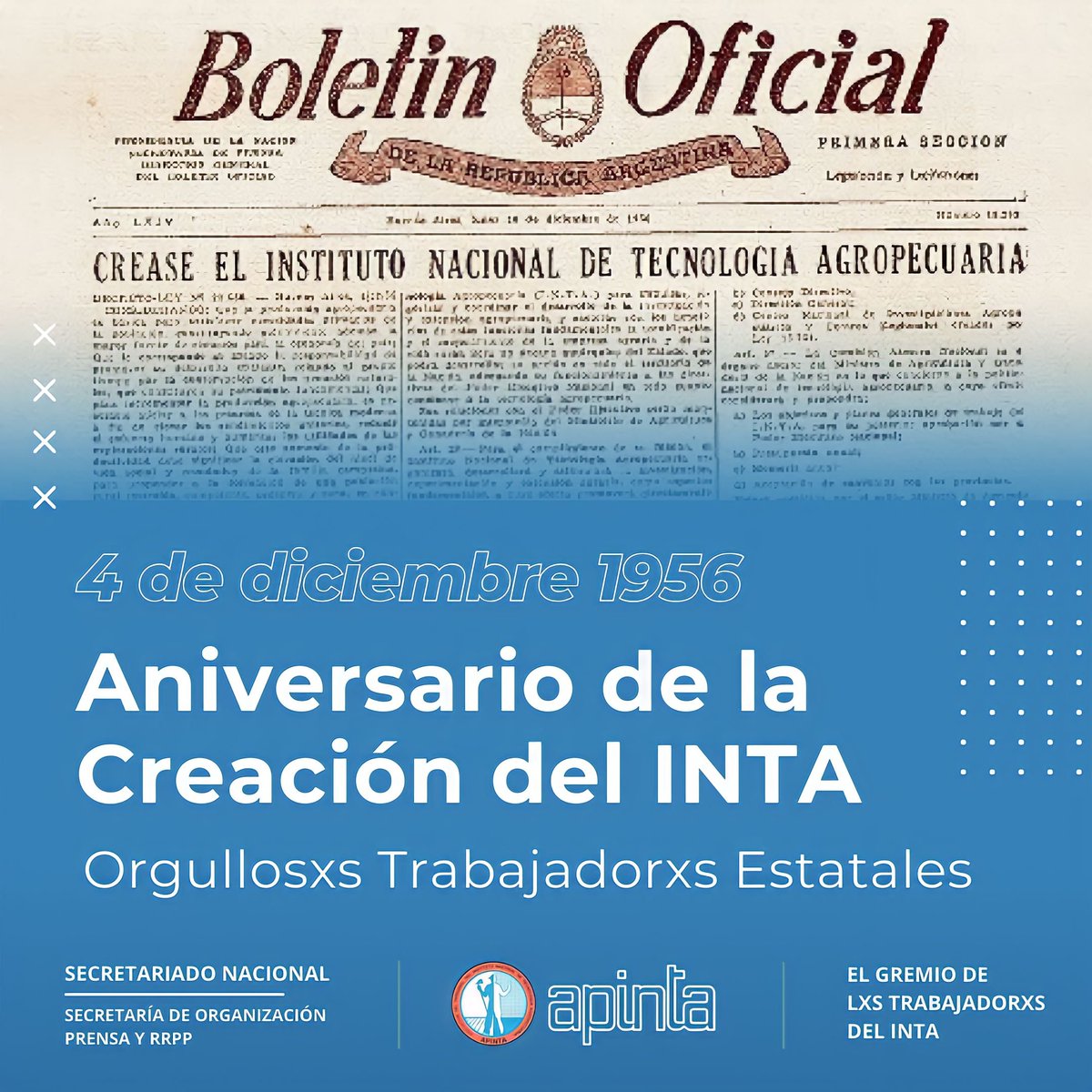 APINTA_Nacional's tweet photo. ➡️ El 4 de diciembre de 1956 se creaba el #INTA por medio del Decreto Ley 21.680/56.
📢 Desde #APINTA, seguiremos trabajando en el fortalecimiento de nuestra querida institución. 💪🏼 https://t.co/NAiBw6FGuX