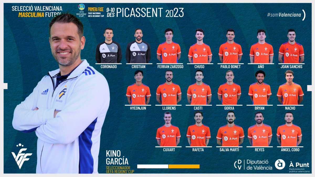 🇪🇺 🔴🟡 𝗢𝗙𝗜𝗖𝗜𝗔𝗟 | Convocatoria <a href="/FFCV_info/">FFCV</a> para la primera fase de la UEFA Regions CUP

💥 El seleccionador <a href="/Kino_GS/">Joaquín García</a> ha convocado a 18 futbolistas de #TerceraRFEF y Lliga À Punt Comunitat

📆 9 dic 🆚 <a href="/FCF_CAT/">Federació Catalana de Futbol</a>
10 dic 🆚 <a href="/fedriojafutbol/">Federación Riojana de Fútbol</a>

<a href="/Radioesport914/">Radio Esport Valencia 91.4</a> @RaulDomenechTE