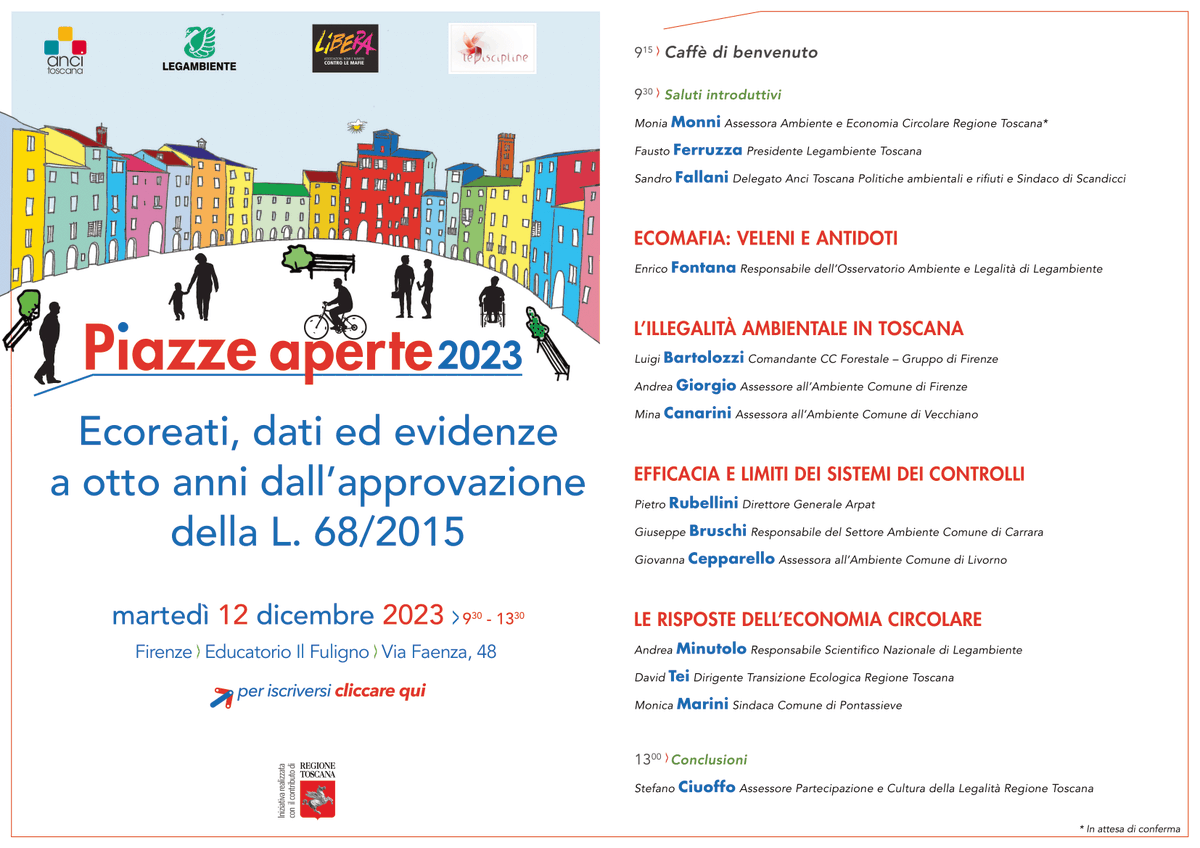 AnciToscana's tweet photo. Ecoreati, dati ed evidenze a otto anni dalla L. 68/2015
Martedì 12 dicembre dalle 9,30 a Firenze il convegno che chiude la rassegna #PiazzeAperte realizzata grazie al contributo di @regionetoscana con @libera_annclm e @LegambienteTosc
➡️ Per iscriversi https://t.co/ddJnYYsY2s https://t.co/xzJkWjzxg9