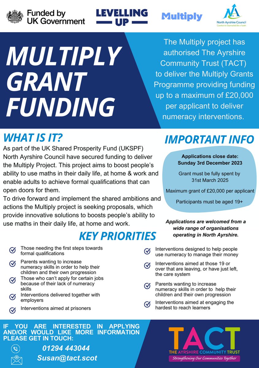 DEADLINE EXTENDED The deadline for Multiply Grant Funding has now been extended to Sunday 10 December at midnight. Guidance Notes are available to read on the website home page: tact.scot If you require any further information, please contact: susan@tact.scot