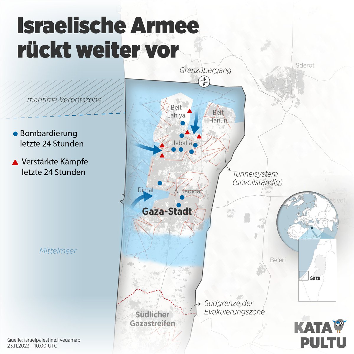 Israelische Armee rückt weiter vor
•
Einen Tag vor der geplanten Feuerpause rückt die israelische Armee im Gazastreifen weiter vor.
•
katapultu-magazin.de/artikel/israel…