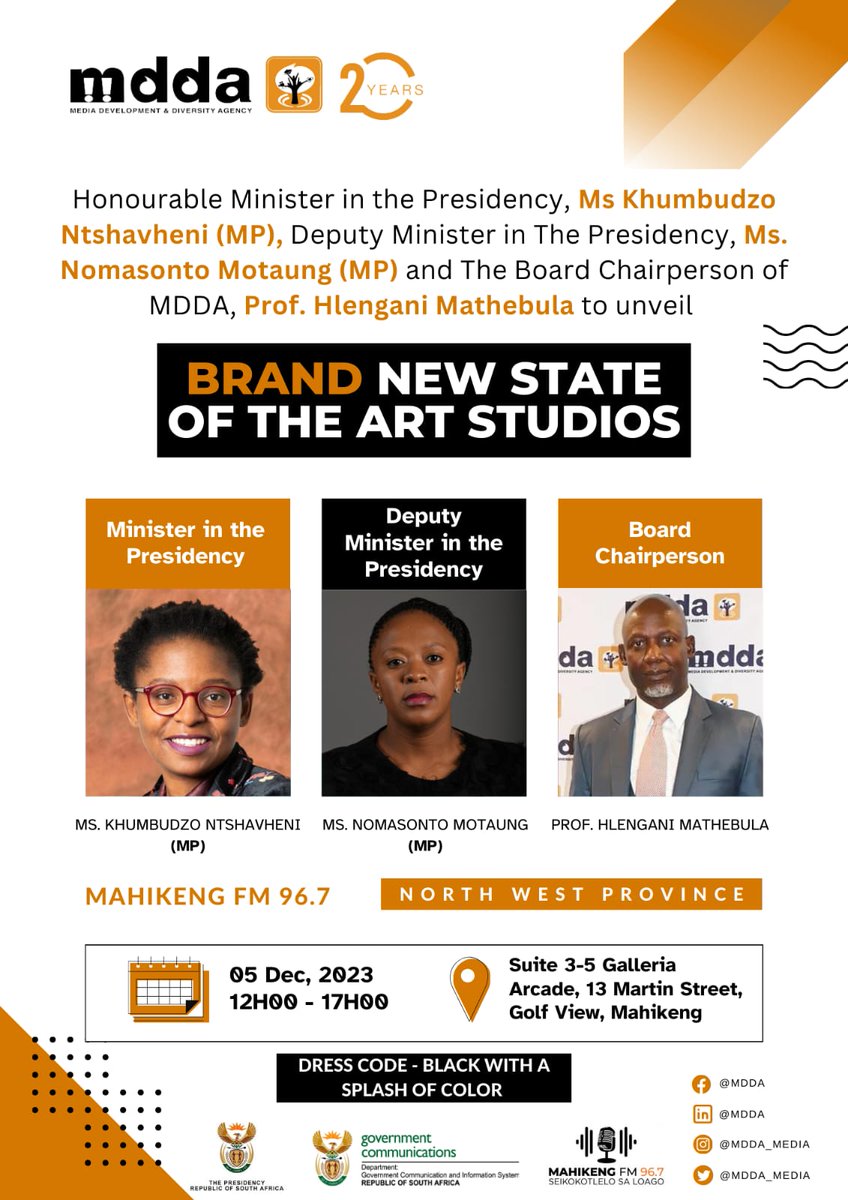 📣📣📣 On Tuesday 05 December 2023, Minister in the Presidency, Ms Khumbudzo Ntshavheni, (MP) accompanied by Deputy Minister in the Presidency, Ms Nomasonto Motaung, (MP), and MDDA Board Chairperson Prof Hlengani Mathebula will unveil brand-new state-of-the-art broadcast studios