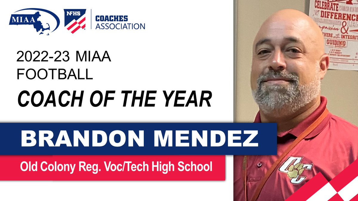 MIAA033's tweet photo. Congratulations to Brandon Mendez of Old Colony Regional Voc/Tech High School ... the MIAA/NFHS Football Coach of the Year for 2022-23.
@OCCougarFootbal @AthleticCougars https://t.co/XkwUAISbtH
