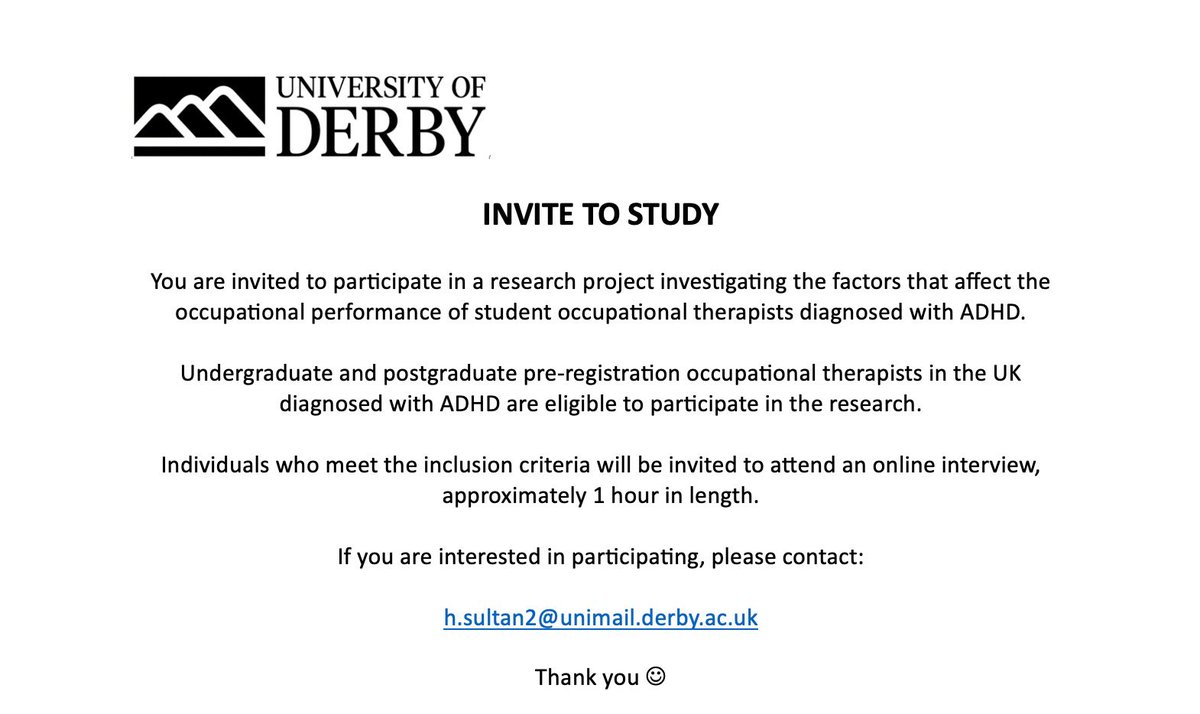 I’m recruiting participants for my research project investigating the factors that affect the occupational performance of student OTs diagnosed with ADHD. Please check out the advert below and get in contact if you are interested🙂 @AbleOTUK @theRCOT @DerbyOT