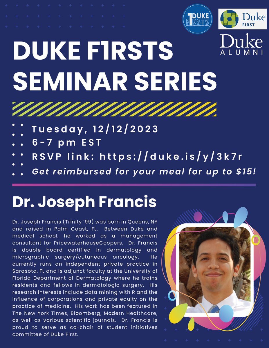 We are excited to be hosting Dr. Joseph Francis for our Duke F1RSTS Alumni Seminar Series on December 12th, hope to see you there! <a href="/DukeAlumni/">Forever Duke</a>
