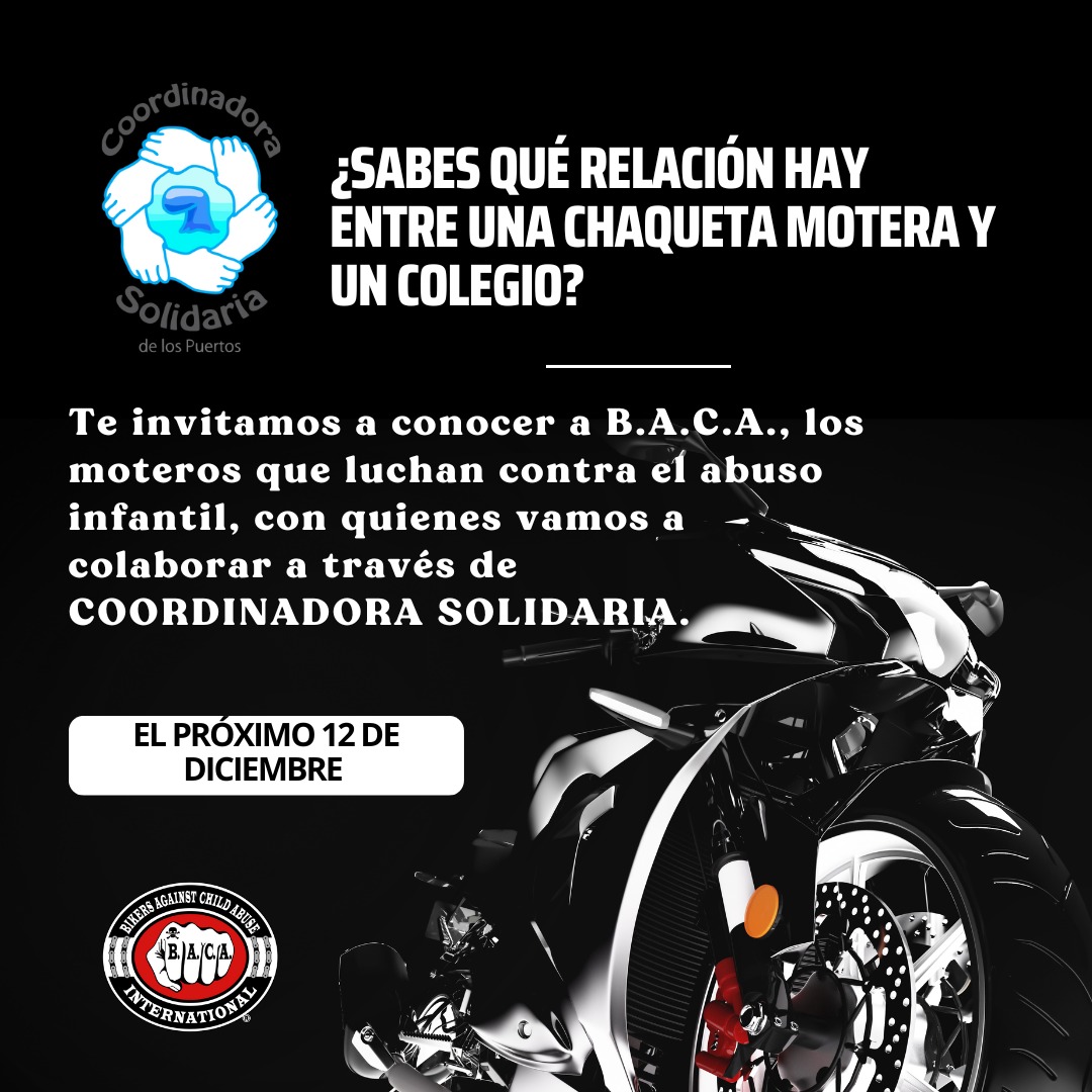 SoyCoordinadora's tweet photo. COORDINADORA SOLIDARIA inicia una nueva colaboración con B.A.C.A., los moteros que luchan contra 🚸el abuso infantil. 💪💪

¡Continuaremos dando más datos!

#SomosPuerto #SomosCoordinadora #CoordinadoraSolidaria #menores #moteros https://t.co/9dPHc4PULO