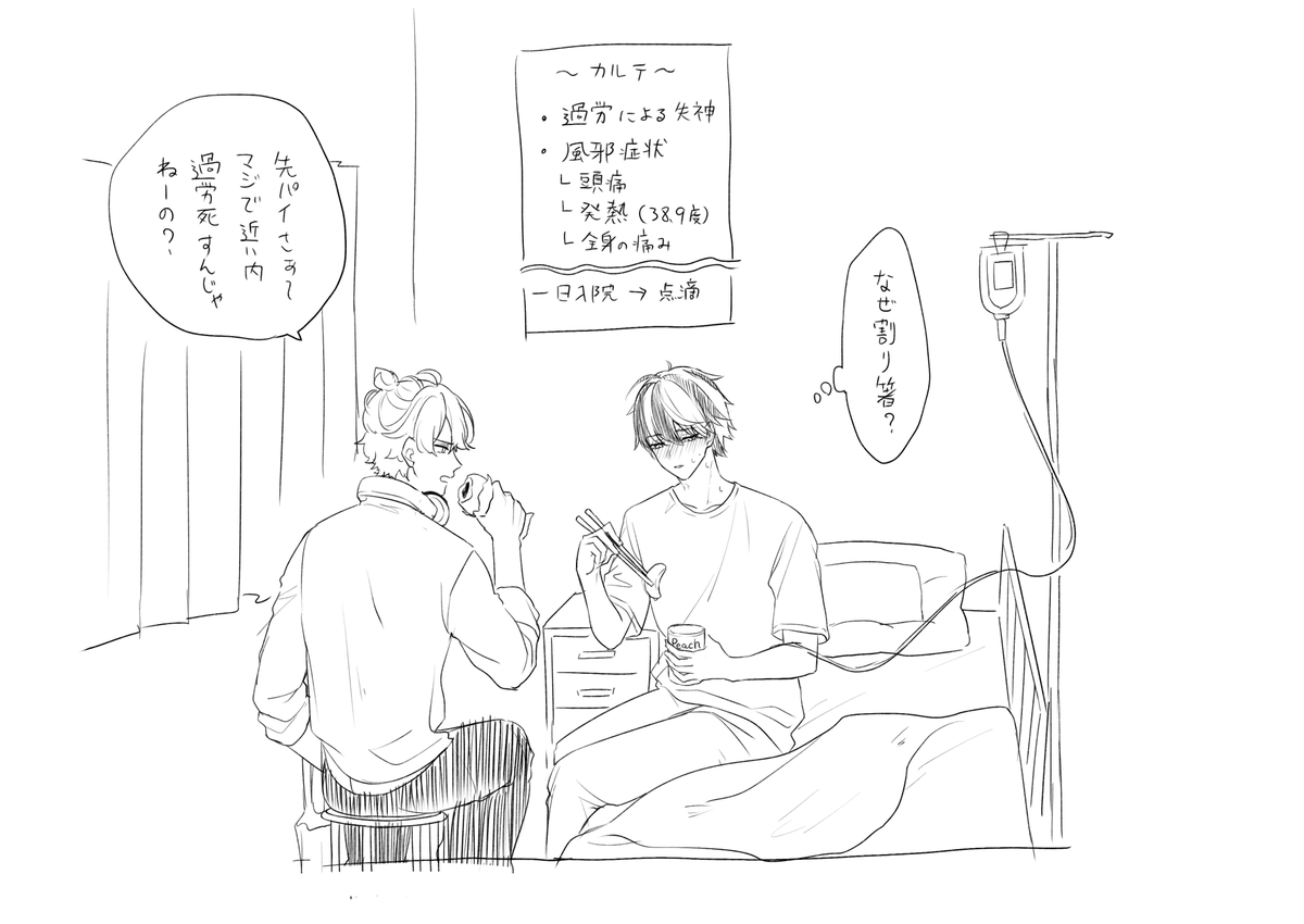 今日のテオレイ
ワンシーズンに一度はぶっ倒れる男と、差し入れの桃缶に割り箸つけて渡す男 