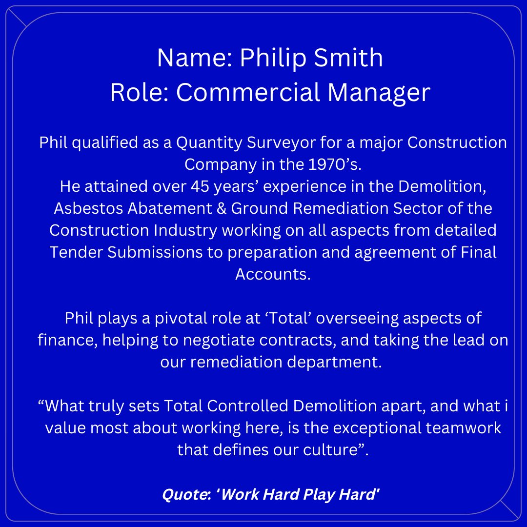 🌟 Our 'Meet the Team' continues! 🌟

This week we would like to introduce you to Philip Smith, our Commercial Manager.
#TeamTuesdays #MeetTheTeam #TeamSpotlight #demolitioncomapny #commercialmanager #manchester #liverpool