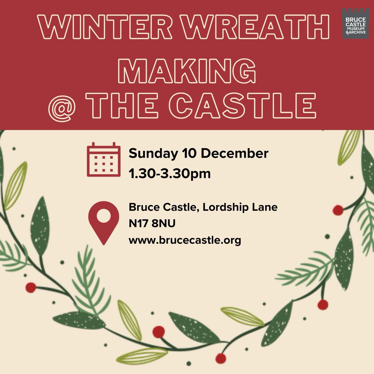 📢 This weekend @ Bruce Castle 📢 We have two wonderful FREE events lined up for this Sunday 10 December! 🌳Celebrate with @TottenhamTrees , 2-5pm. Details: brucecastle.org/workshops 🎅Festive winter wreath making, 1.30-3.30pm. Details: brucecastle.org/holiday-events @haringeycouncil