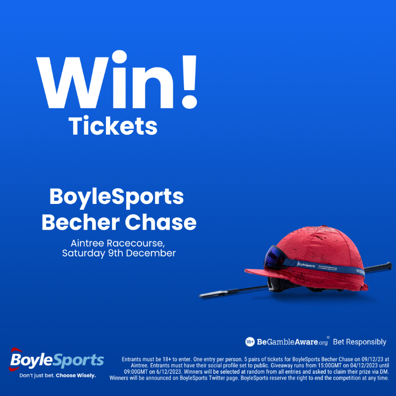 BoyleSports's tweet photo. 🎟️ We're giving away tickets to the BoyleSports Becher Chase at Aintree on Saturday.

To enter:

✅ Follow @BoyleSports
🔄 Retweet this post
💬 Tag who you would take

🔞 T&amp;Cs apply. https://t.co/7SPbqs60VJ