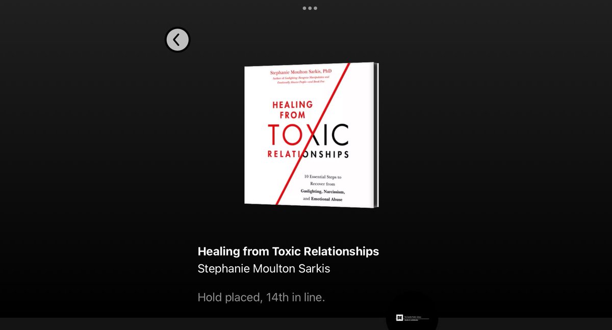 My Picker Is Broken (@_brokenpicker) on Twitter photo I intend to work through & leave behind the damage caused by my covert #narcissistic abuse. Placed a library hold on “Healing From Toxic Relationships” by <a href="/StephanieSarkis/">Stephanie Moulton Sarkis PhD</a>
So many holds ahead of me! 10 week estimated wait. I intend to work through & leave behind the damage caused by my covert #narcissistic abuse. Placed a library hold on “Healing From Toxic Relationships” by <a href="/StephanieSarkis/">Stephanie Moulton Sarkis PhD</a>
So many holds ahead of me! 10 week estimated wait.