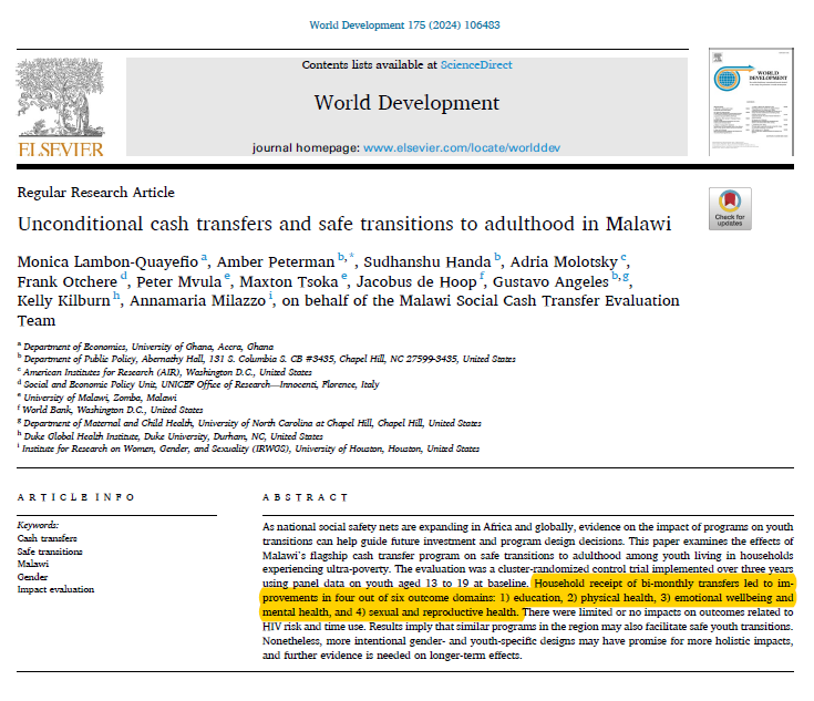 🆕 pub in <a href="/WorldDevJournal/">World Development</a> led by <a href="/Monica_Lambon/">Monica Lambon- Quayefio</a> [<a href="/TransferProjct/">Transfer Project</a> fellow]

Punchline --&gt; Youth in ultra-poor HHs receiving unconditional $$ over 3⃣ yrs showed ⬆️ in domains of: education, physical health, mental health &amp; SRH

Mini 🧵/

doi.org/10.1016/j.worl…