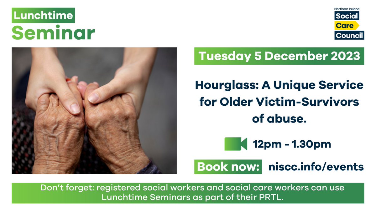 Northern Ireland Social Care Council (@ni_scc) on Twitter photo Join us for this lunchtime seminar on elder abuse in Northern Ireland. In collaboration with Hourglass, the session will also examine the services available for victims, their families and professionals. Click here to register 👉 hscni-net.zoom.us/meeting/regist…
#SaferAgingWeek Join us for this lunchtime seminar on elder abuse in Northern Ireland. In collaboration with Hourglass, the session will also examine the services available for victims, their families and professionals. Click here to register 👉 hscni-net.zoom.us/meeting/regist…
#SaferAgingWeek