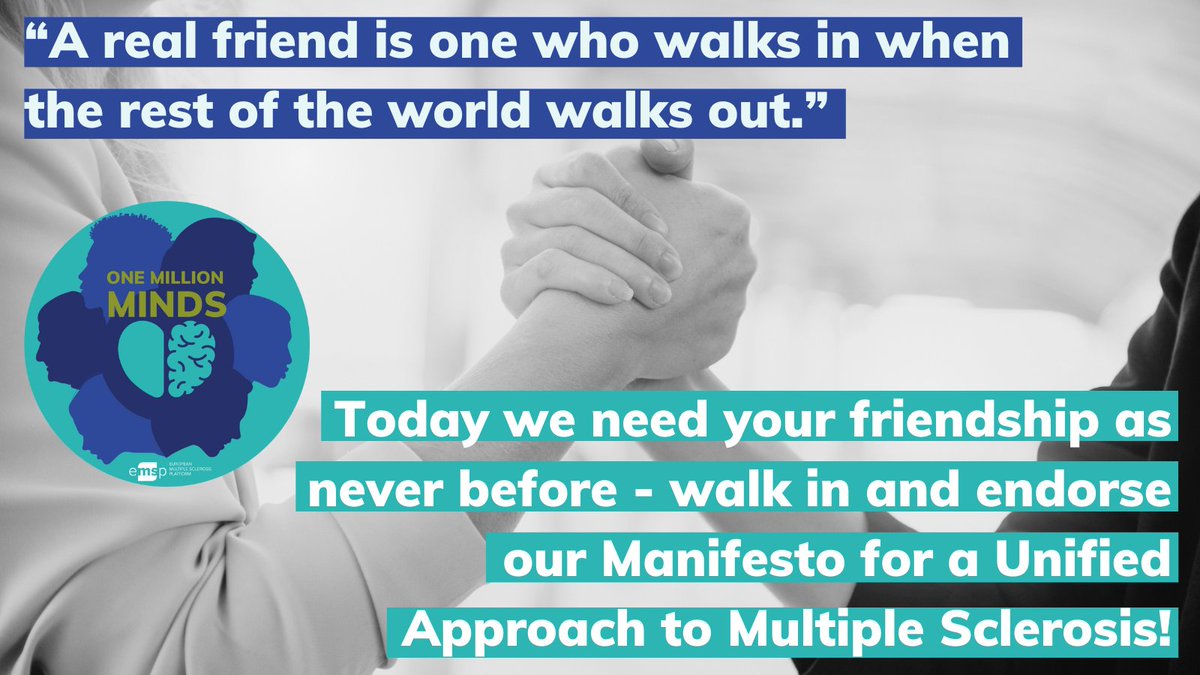 .<a href="/MSIntFederation/">MS Int'l Federation</a> 🤗“A real friend is one who walks in when the rest of the world walks out.” We count on your support and endorsing our #1milminds campaign Manifesto for a Unified Approach to #MultipleSclerosis! 🫂 bit.ly/46ESzUr