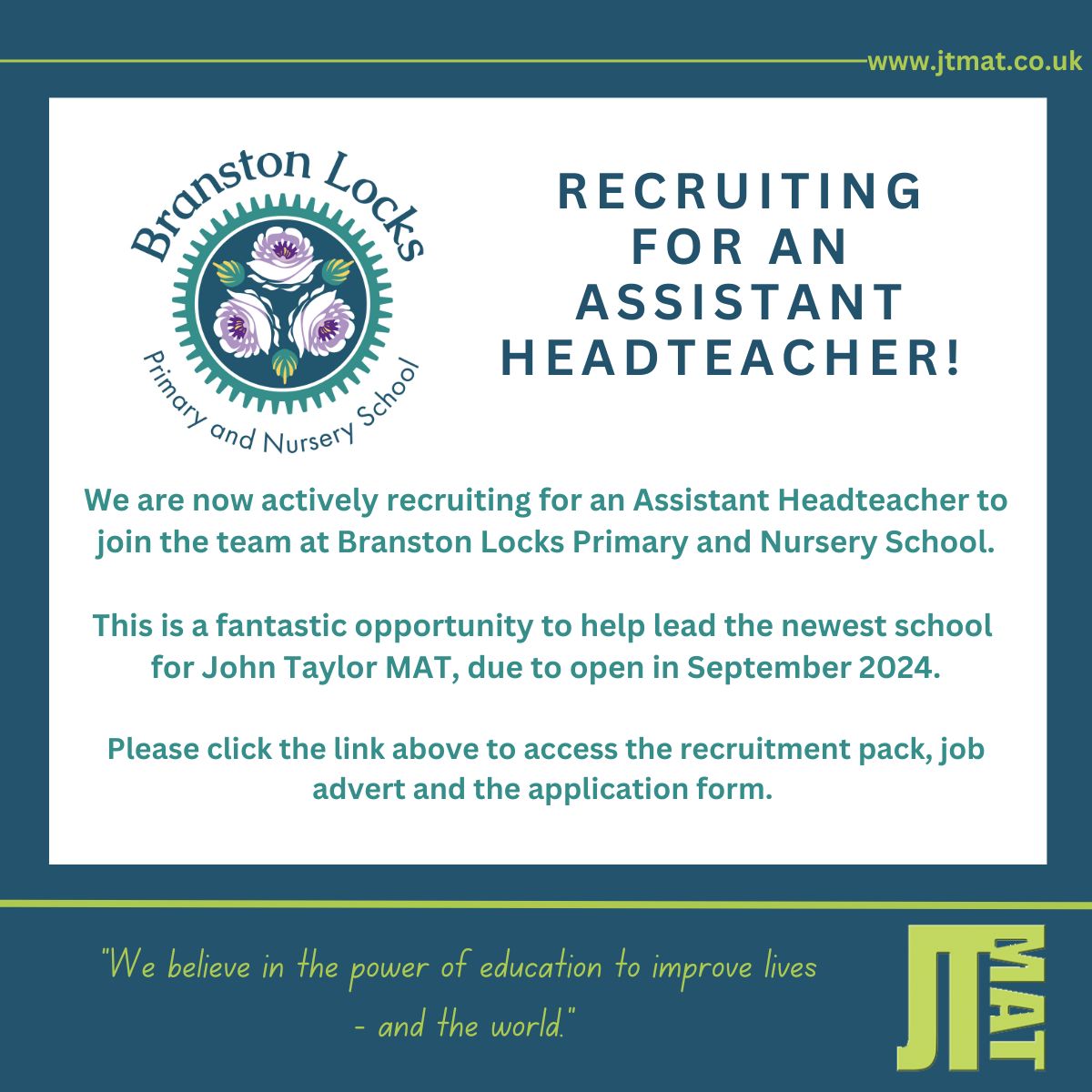 We are delighted to be recruiting for an Assistant Headteacher to join the team for our new school! 
For more details of the role and to apply please click here: jtmat.co.uk/vacancies/#Cur…