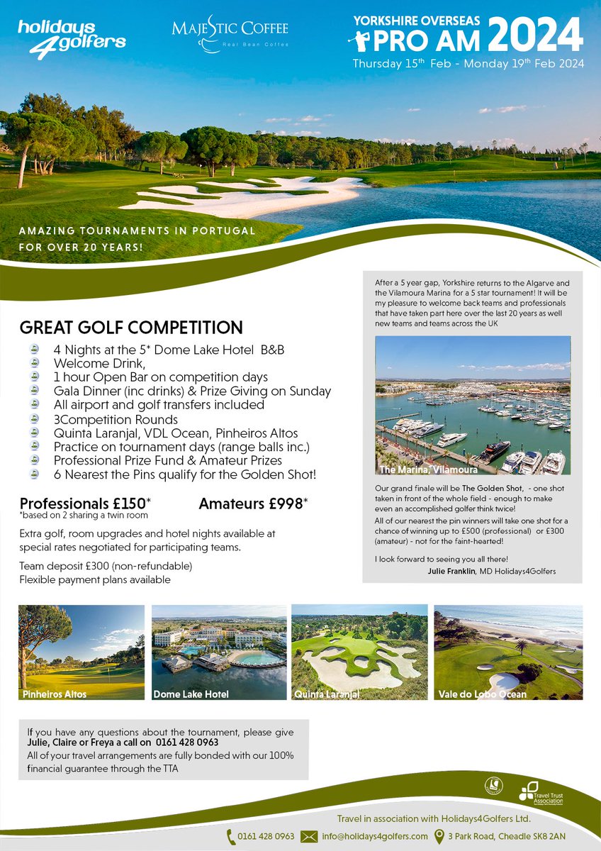 February 2024 Overseas Pro Am! ⛳️ open to all golf professionals both in and out of county🏌🏼just £75 to confirm your place ✈️ give us a call or drop us a message for more information 📩