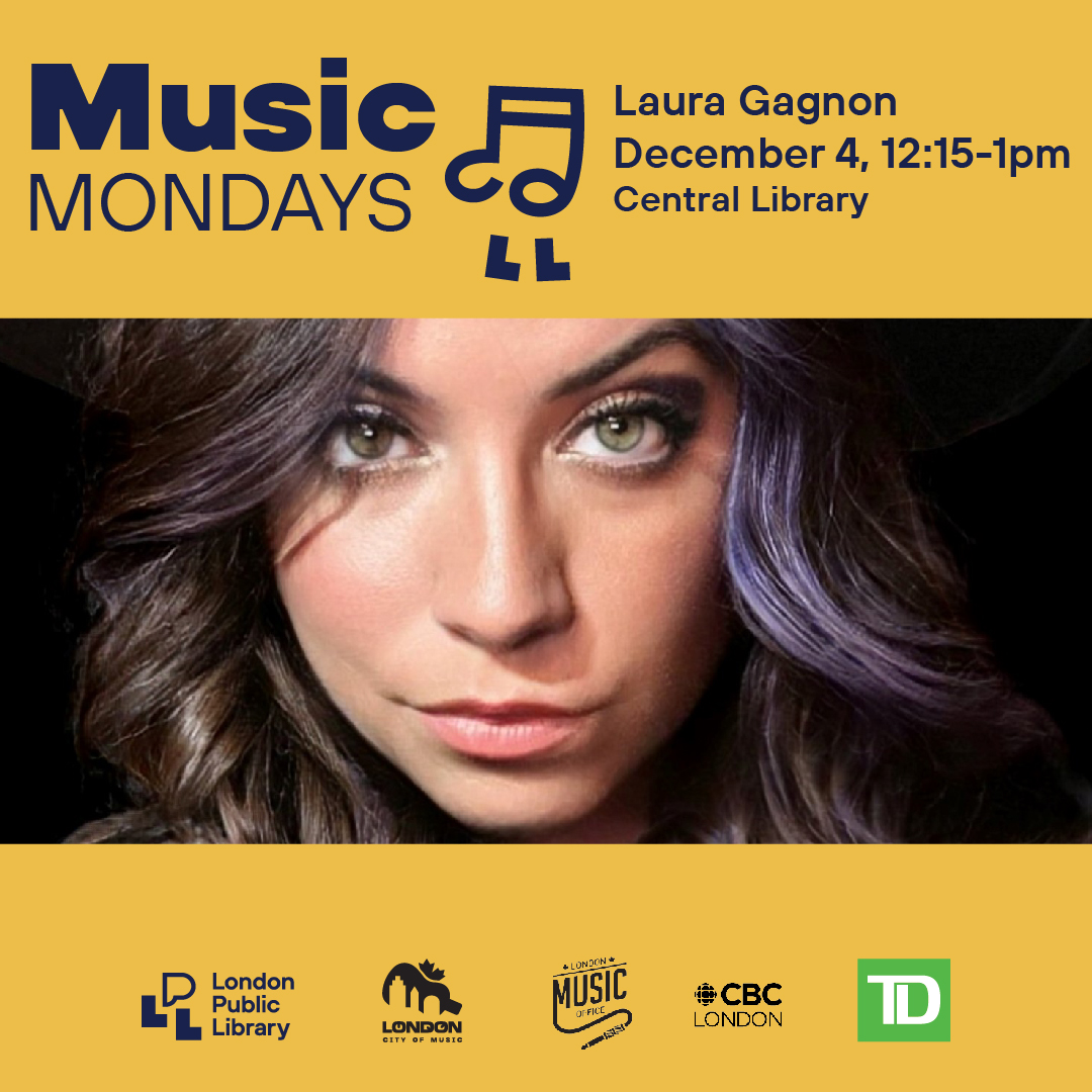TODAY, enjoy a free concert with @lauralgband on the main floor of Central Library. Let's start the week off with a special Holiday Edition of Music Mondays. Enjoy great, local music from 12:15-1pm on December 4, 11 and 18.
