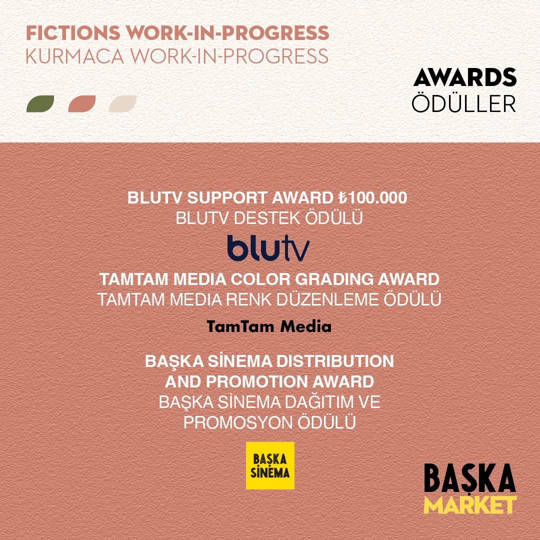 The awards to be given at the Fictions Work-in-Progress Platform this year at Başka Market have been announced!

— 

Başka Market’te bu yıl Kurmaca Work-in-Progress Platformu’nda verilecek ödüller açıklandı!