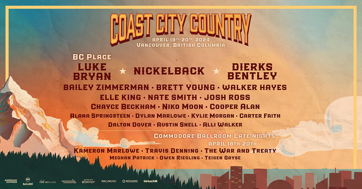 The first ever Coast City Country lineup is here! 🐎 @lukebryan @Nickelback @DierksBentley @baileyzimmerman @BrettYoungMusic @walkerhayes and many more are taking over the city of Vancouver this spring! 🤠 Time to gather your country crew and get your dancing boots ready! 👢