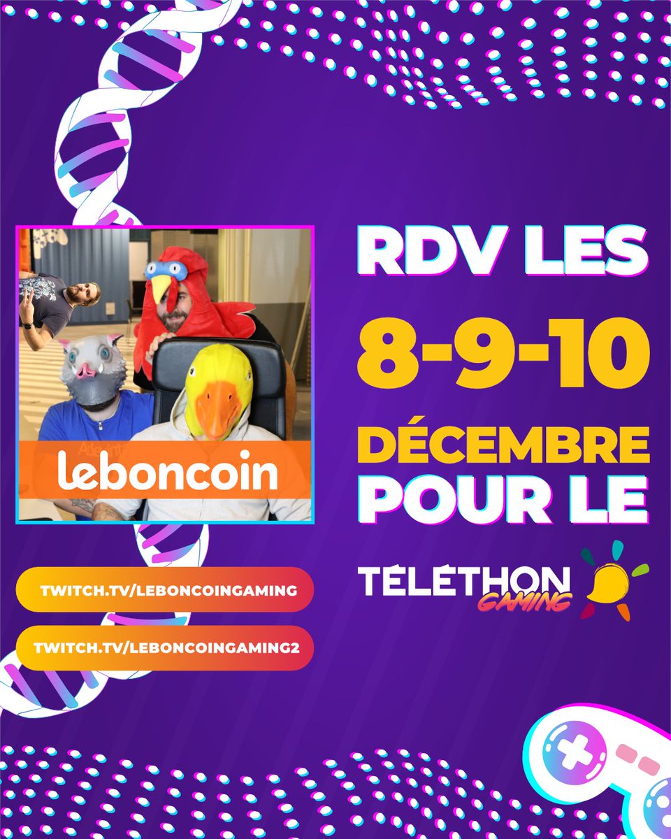 Pour la troisième année consécutive, <a href="/leboncoin/">leboncoin</a> participe au @GamingTelethon en direct sur <a href="/TwitchFR/">Twitch FR</a> 🧡

Stay tuned les donations goals et le planning de ce weekend déjà légendaire arrive sous peu👀

#TelethonGaming