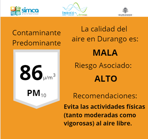 SimcaDgo's tweet photo. 04/12/2023 LA Calidad del aire en Durango al momento es mala con mayor concentración en Estación IPN.
Tome sus precauciones https://t.co/eoOyKdRtZw