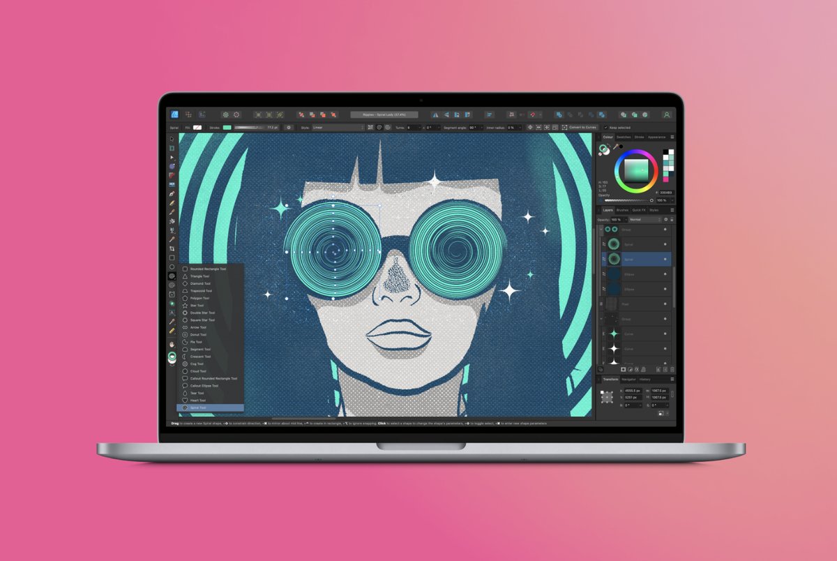 Affinity's tweet photo. Version 2.3 introduces the highly requested Spiral Tool as well as some great new capabilities and improvements. Here are five things you need to know about our latest free update: https://t.co/IGBExIC6yZ

#AffinityDesigner #AffinityPhoto #AffinityPublisher https://t.co/0nJ60MaxRJ