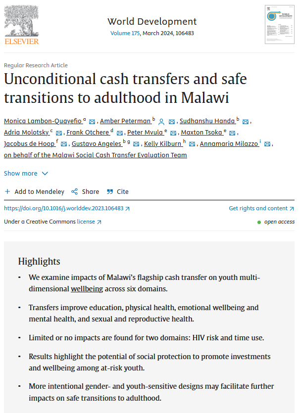 ⚡️NEW paper alert!⚡️Lambon-Quayefio et al. found that in Malawi cash transfers improved education and health outcomes for youth as they transitioned to adulthood, but had little to no effect on HIV risk.

read more here ⤵️
doi.org/10.1016/j.worl…