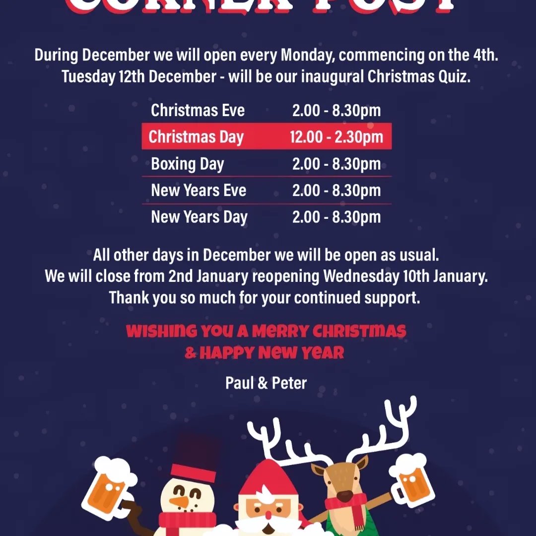 The Corner Post (@cornerpost_the) on Twitter photo As part of our Christmas opening hours we shall be opening on Mondays too throughout December, starting today. Here's what awaits you. We are open from 4pm - 9pm. Cheers!
<a href="/PurpleMooseBrew/">Purple Moose Brewery</a> <a href="/PennineBrewing/">Pennine Brewing Co</a> <a href="/RockTheBoatAle/">RockTheBoat Brewery</a> <a href="/SalopianBrewery/">Salopian Brewery</a> @WestonsCiderMil <a href="/LiverpoolCAMRA/">Liverpool CAMRA</a> As part of our Christmas opening hours we shall be opening on Mondays too throughout December, starting today. Here's what awaits you. We are open from 4pm - 9pm. Cheers!
<a href="/PurpleMooseBrew/">Purple Moose Brewery</a> <a href="/PennineBrewing/">Pennine Brewing Co</a> <a href="/RockTheBoatAle/">RockTheBoat Brewery</a> <a href="/SalopianBrewery/">Salopian Brewery</a> @WestonsCiderMil <a href="/LiverpoolCAMRA/">Liverpool CAMRA</a>