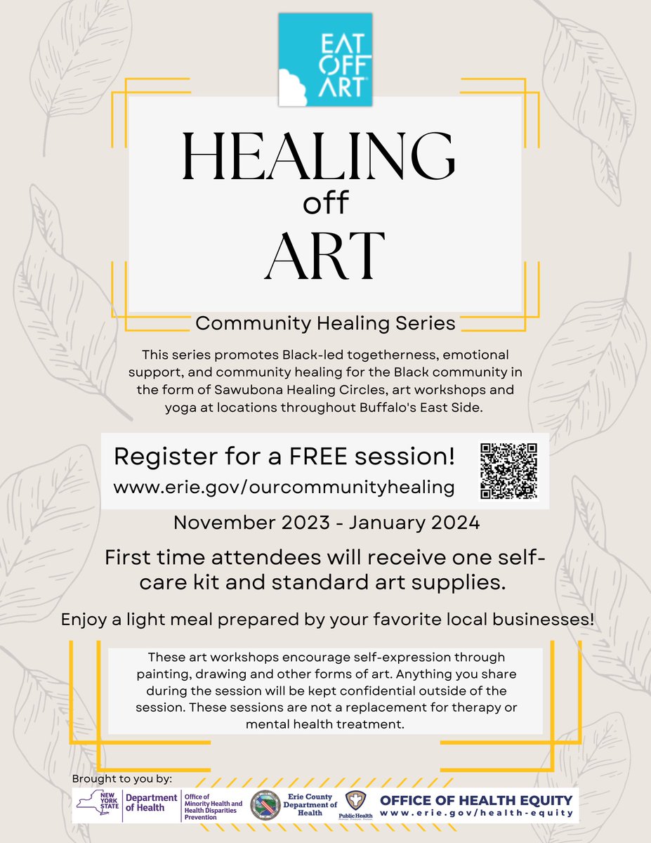 “Community” Healing Series. 

Healing off art - sign up to get some healing and meditation before and after the holidays. 

Class dates start 12/14/23 and will take place at our studio at 441 TriMain!

Register for a FREE session!
erie.gov/ourcommunityhe…