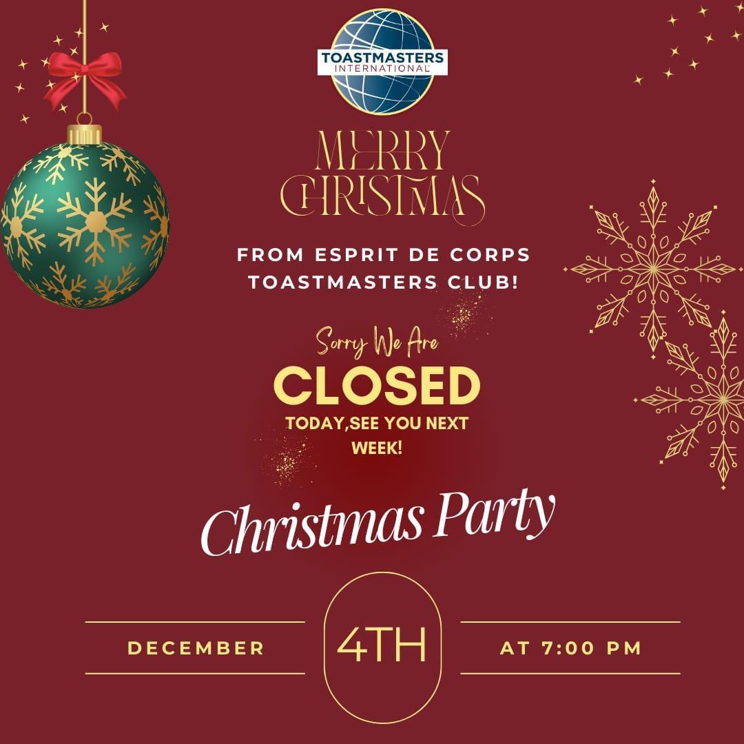 🎄🎉 Bitter Sweet! Tonight, we will not be able to host the general public at our usual Monday Meeting at VHS Frankfurt as we are hosting our Annual Toastmasters Christmas Party at a secret location! 🎅🎁

We look forward to seeing you on the 11th and 18th of December, 2023!