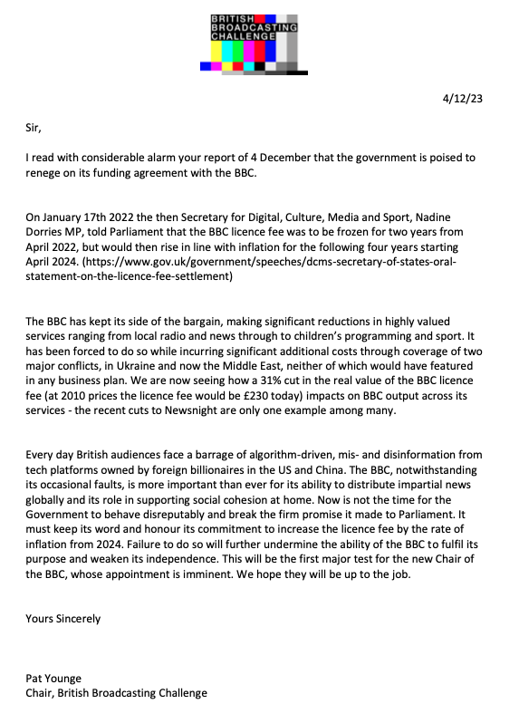 Our letter to <a href="/Telegraph/">The Telegraph</a> on @lucyfrazermp's suggestion that she'll renege on her deal with the <a href="/BBC/">BBC</a>. Any further cut to the Licence Fee would be catastrophic. @tcmbigcheese #honourthedeal