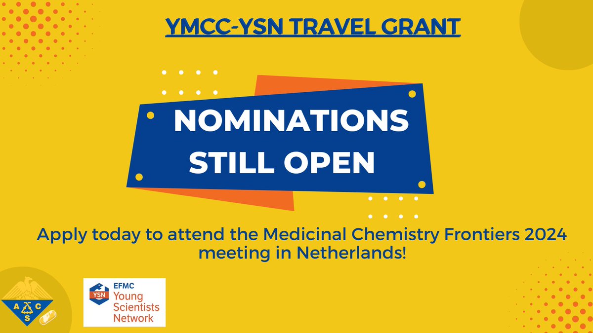 📣 The deadline to submit your application to the YMCC-YSN travel grant has been extended! Up to two grants will be paid towards flights and accommodation to attend the EFMC | ACSMEDI Medicinal Chemistry Frontiers meeting. Submit your application TODAY! acsmedchem.org/medicinal-chem…